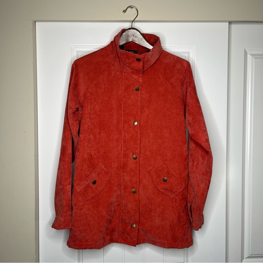 Womens Size Medium Orange Corduroy Military Chore Jacket Funnel Neck Lightweight